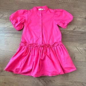 Janie And Jack Raspberry Pink Puff Sleeve Dropwaist Ruffle 100% Cotton Dress